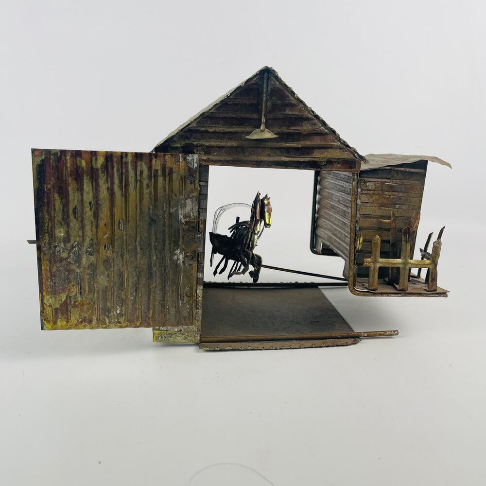 Vintage 1970's Copper and Tin Metal Art Music Box Barn and Horse Drawn Coach